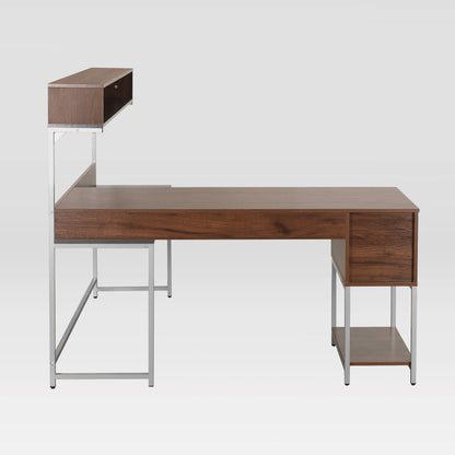 Techni Mobili L-Shape Desk with Hutch and Storage, walnut