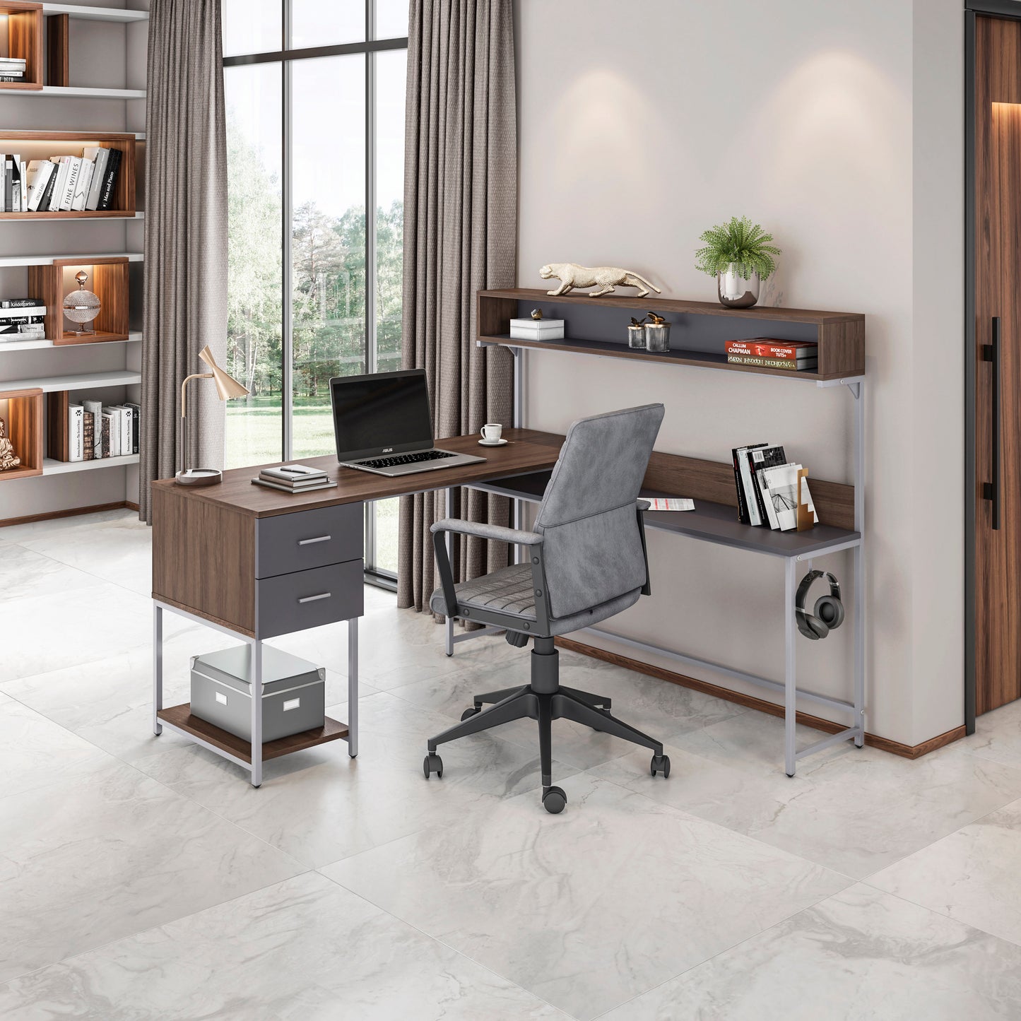 Techni Mobili L-Shape Desk with Hutch and Storage, walnut