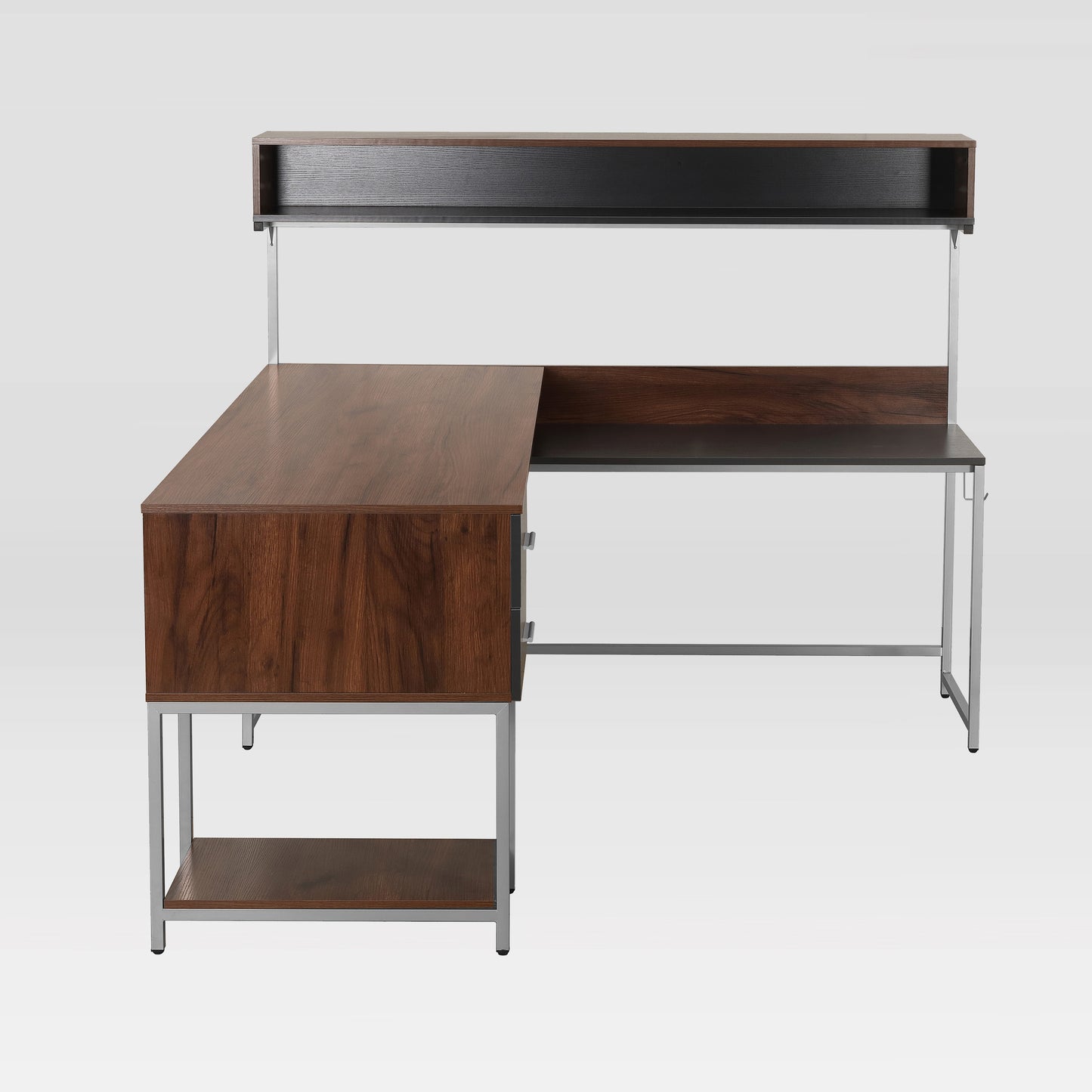 Techni Mobili L-Shape Desk with Hutch and Storage, walnut
