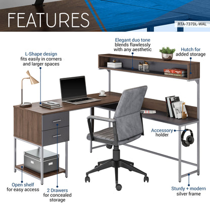 Techni Mobili L-Shape Desk with Hutch and Storage, walnut
