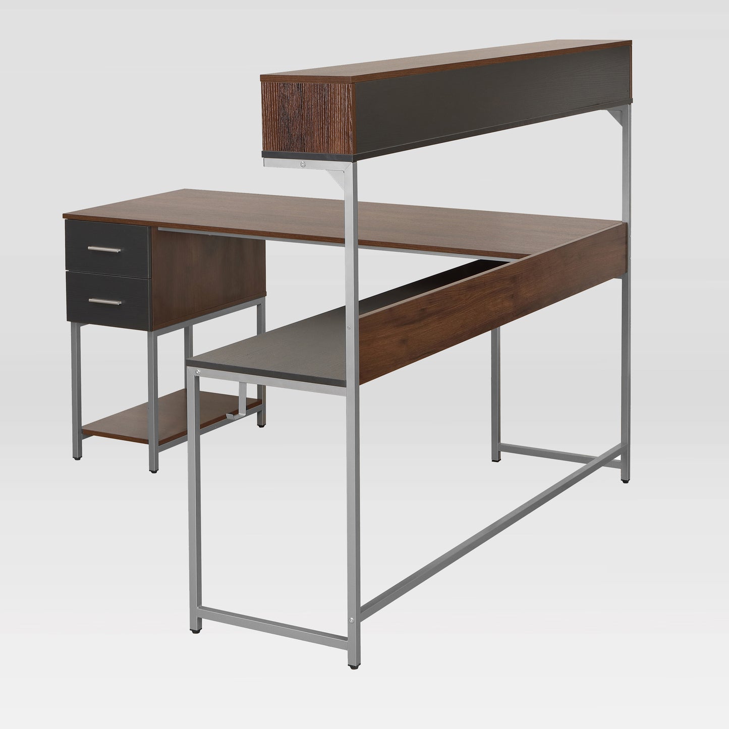 Techni Mobili L-Shape Desk with Hutch and Storage, walnut
