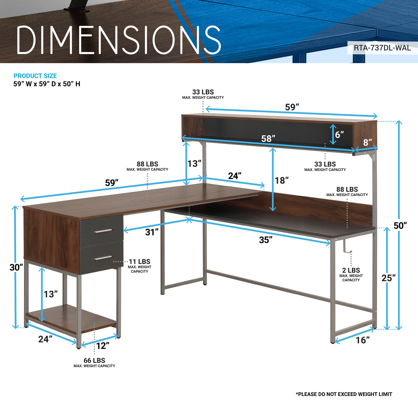 Techni Mobili L-Shape Desk with Hutch and Storage, walnut