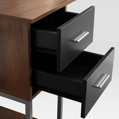 Techni Mobili L-Shape Desk with Hutch and Storage, walnut
