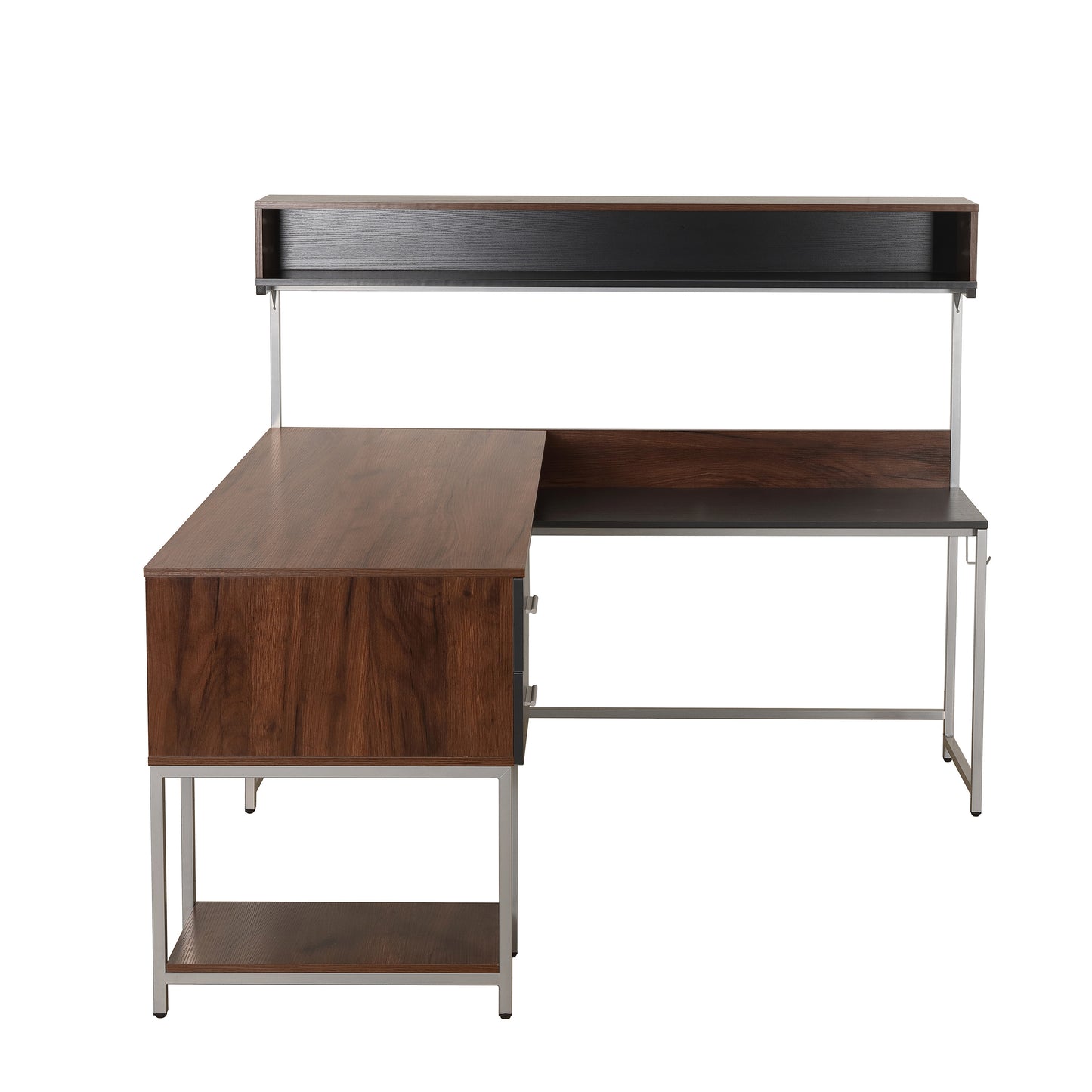 Techni Mobili L-Shape Desk with Hutch and Storage, walnut
