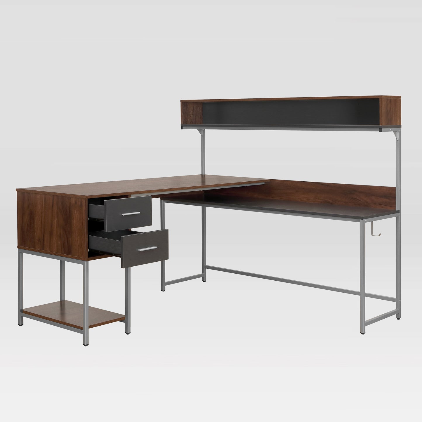 Techni Mobili L-Shape Desk with Hutch and Storage, walnut