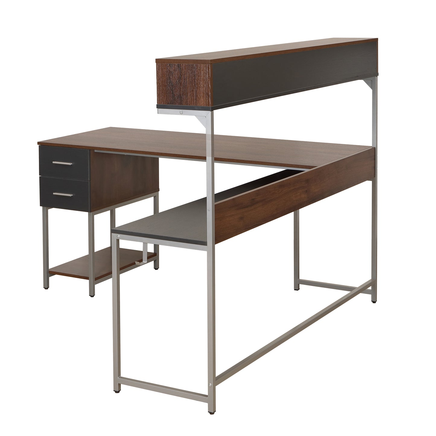 Techni Mobili L-Shape Desk with Hutch and Storage, walnut