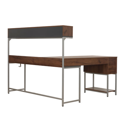 Techni Mobili L-Shape Desk with Hutch and Storage, walnut