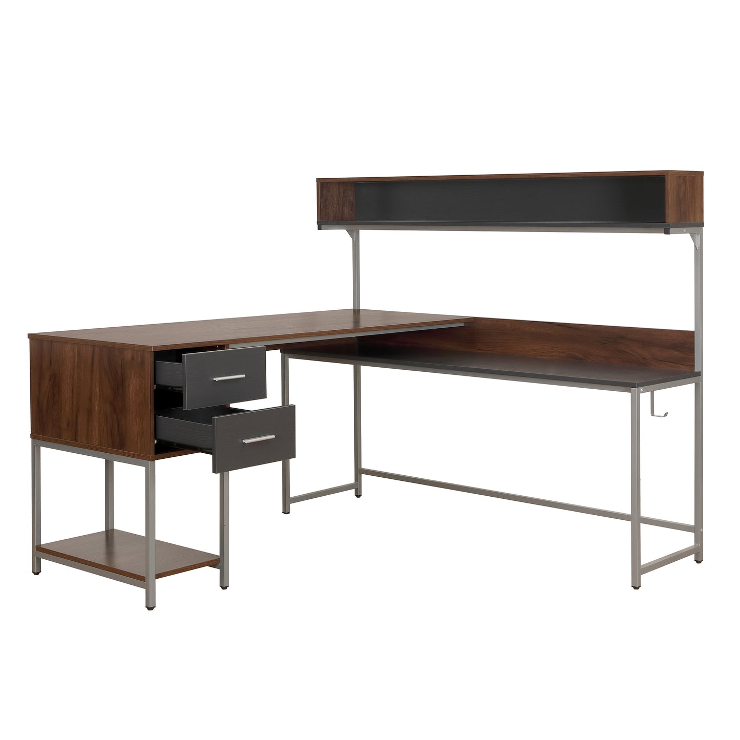 Techni Mobili L-Shape Desk with Hutch and Storage, walnut