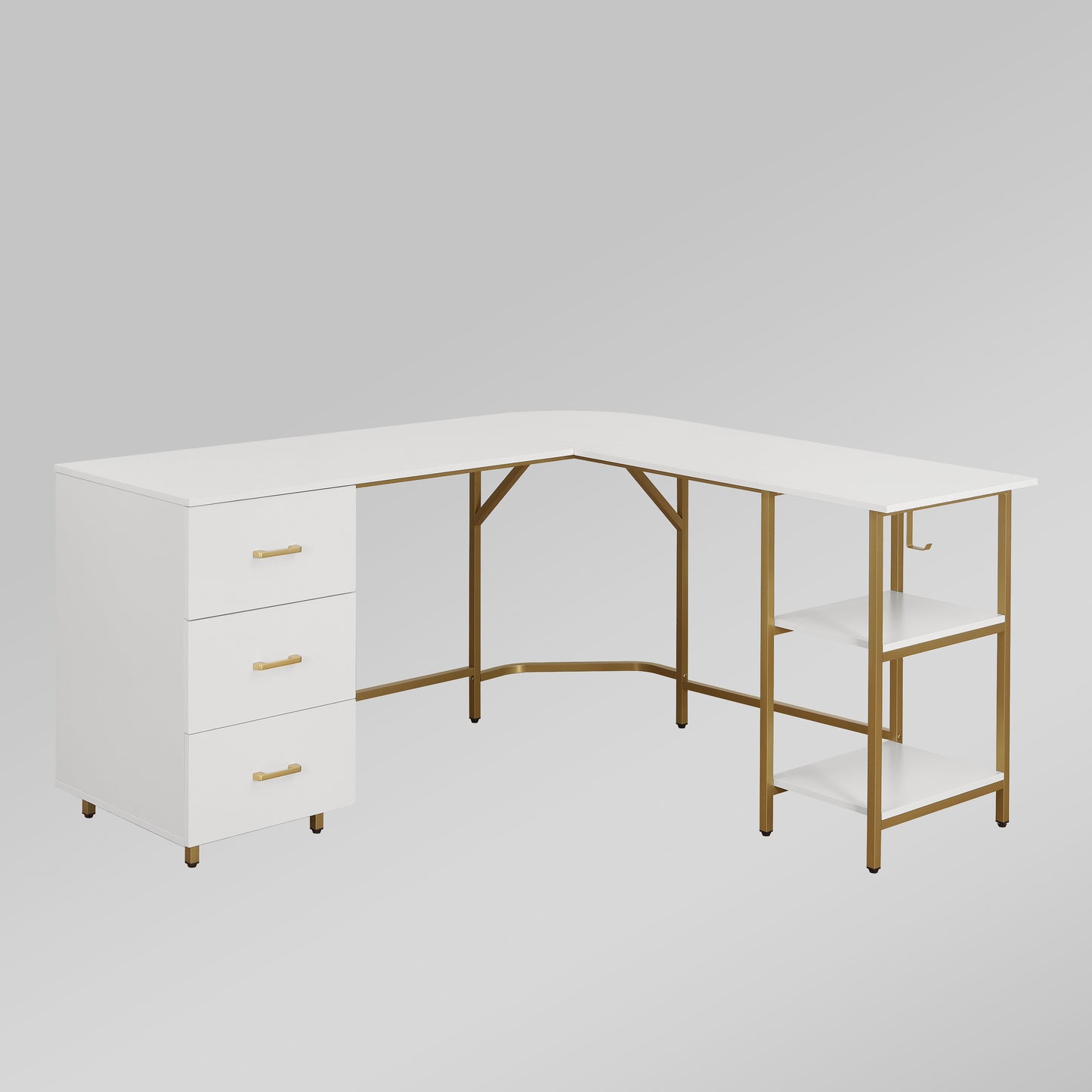 Techni Mobili L-Shape Home Office Two-Tone Desk with Storage, Gold