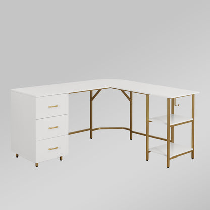 Techni Mobili L-Shape Home Office Two-Tone Desk with Storage, Gold
