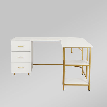 Techni Mobili L-Shape Home Office Two-Tone Desk with Storage, Gold