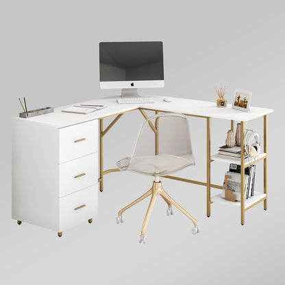 Techni Mobili L-Shape Home Office Two-Tone Desk with Storage, Gold