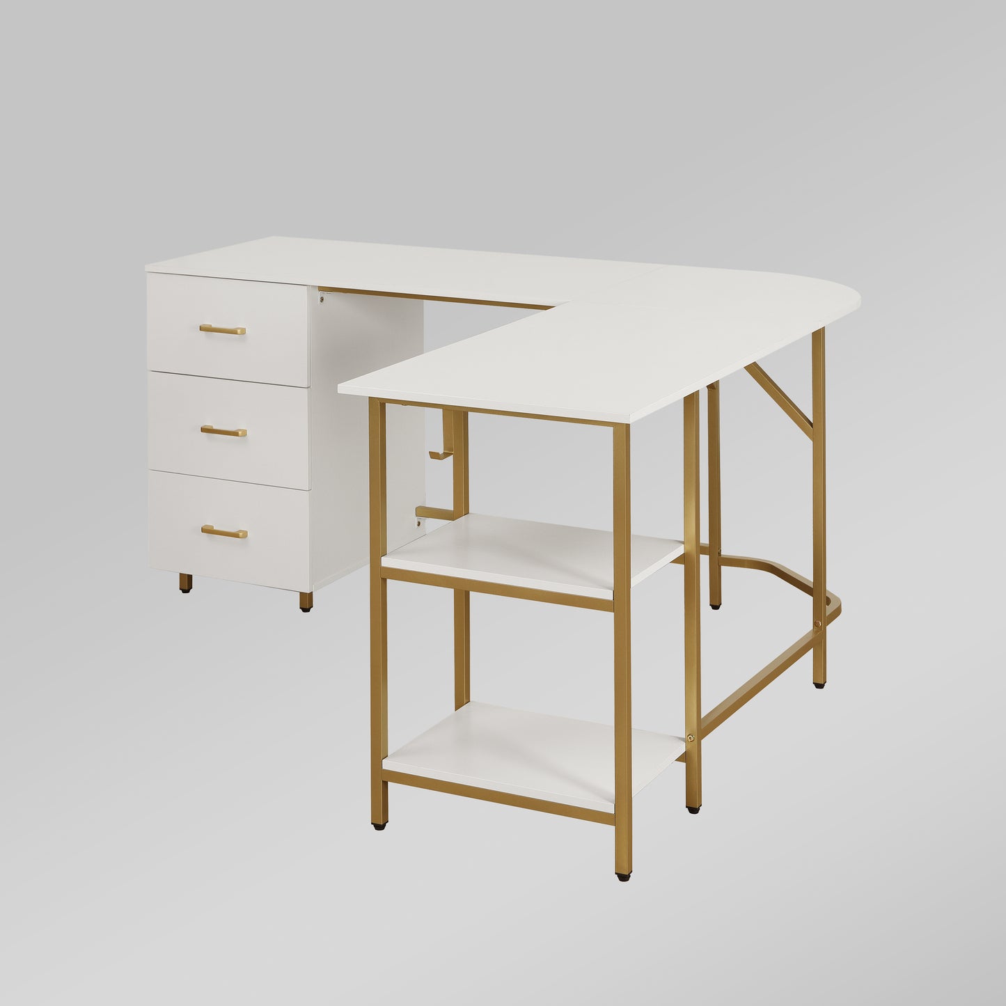 Techni Mobili L-Shape Home Office Two-Tone Desk with Storage, Gold