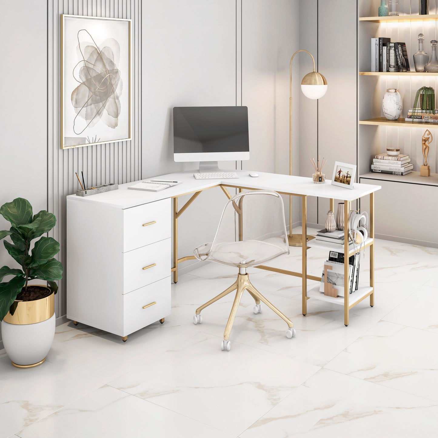 Techni Mobili L-Shape Home Office Two-Tone Desk with Storage, Gold