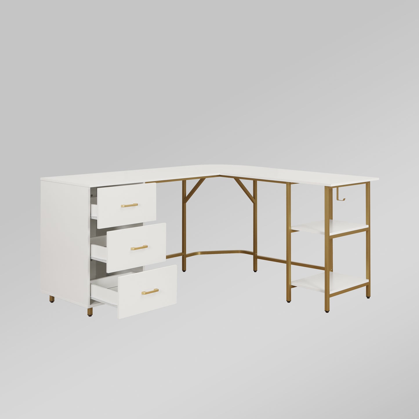 Techni Mobili L-Shape Home Office Two-Tone Desk with Storage, Gold