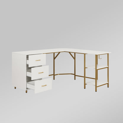 Techni Mobili L-Shape Home Office Two-Tone Desk with Storage, Gold