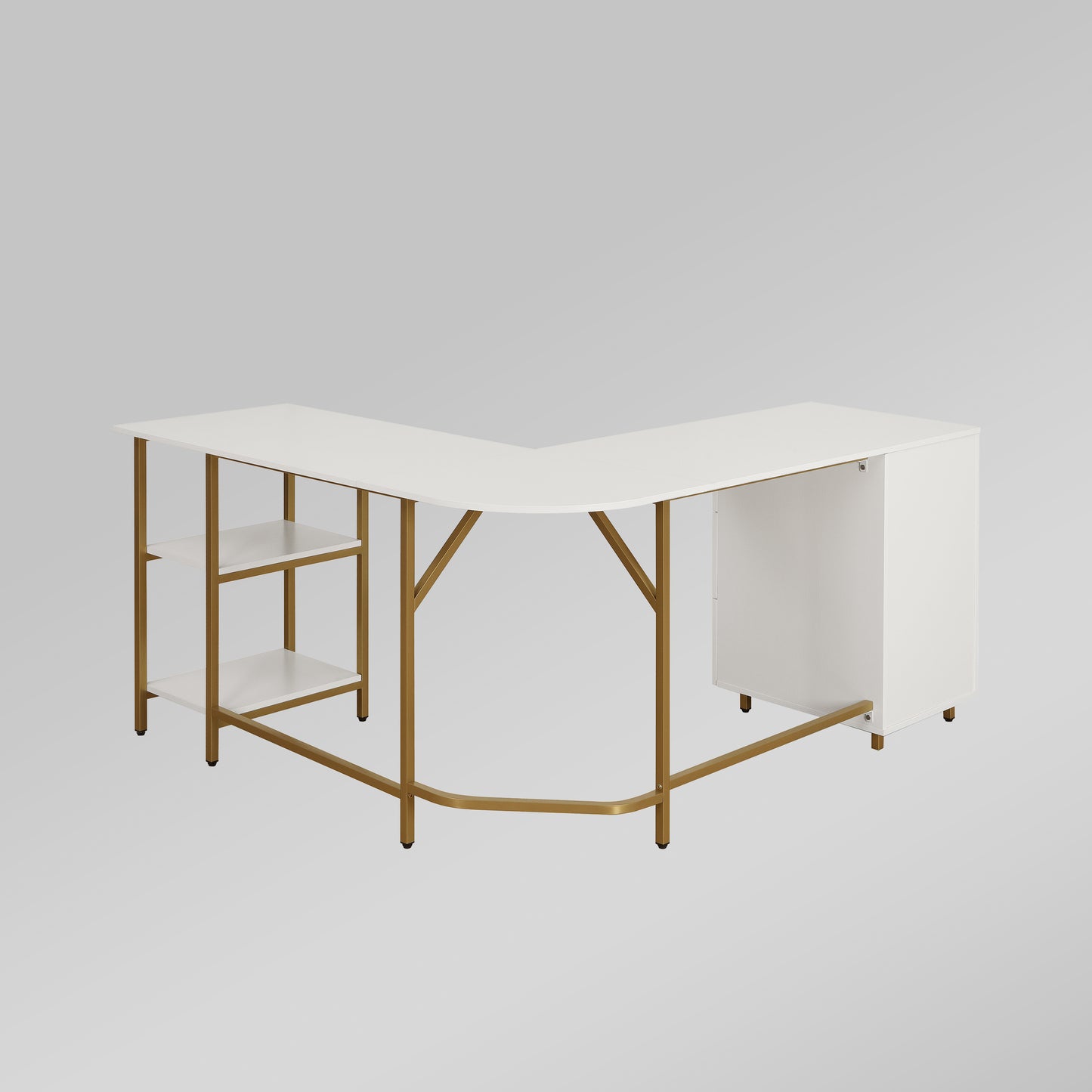 Techni Mobili L-Shape Home Office Two-Tone Desk with Storage, Gold