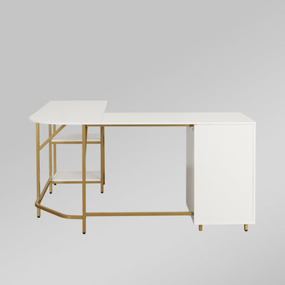 Techni Mobili L-Shape Home Office Two-Tone Desk with Storage, Gold