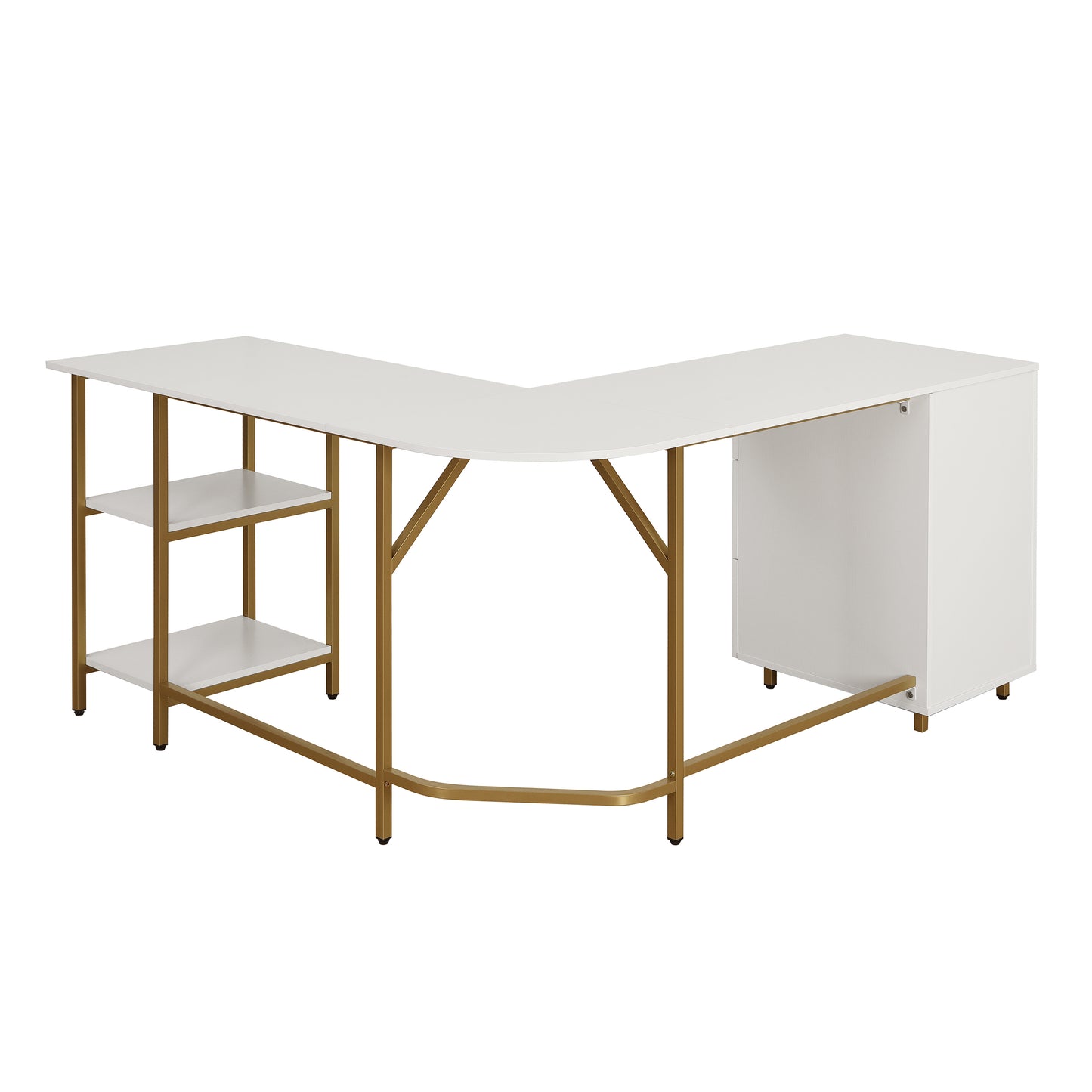 Techni Mobili L-Shape Home Office Two-Tone Desk with Storage, Gold
