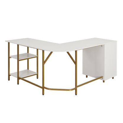 Techni Mobili L-Shape Home Office Two-Tone Desk with Storage, Gold