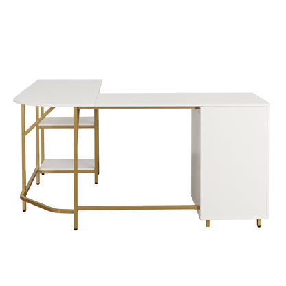 Techni Mobili L-Shape Home Office Two-Tone Desk with Storage, Gold
