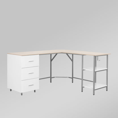 Techni Mobili L-Shape Home Office Two-Tone Desk with Storage, Sand