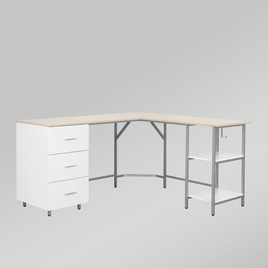 Techni Mobili L-Shape Home Office Two-Tone Desk with Storage, Sand
