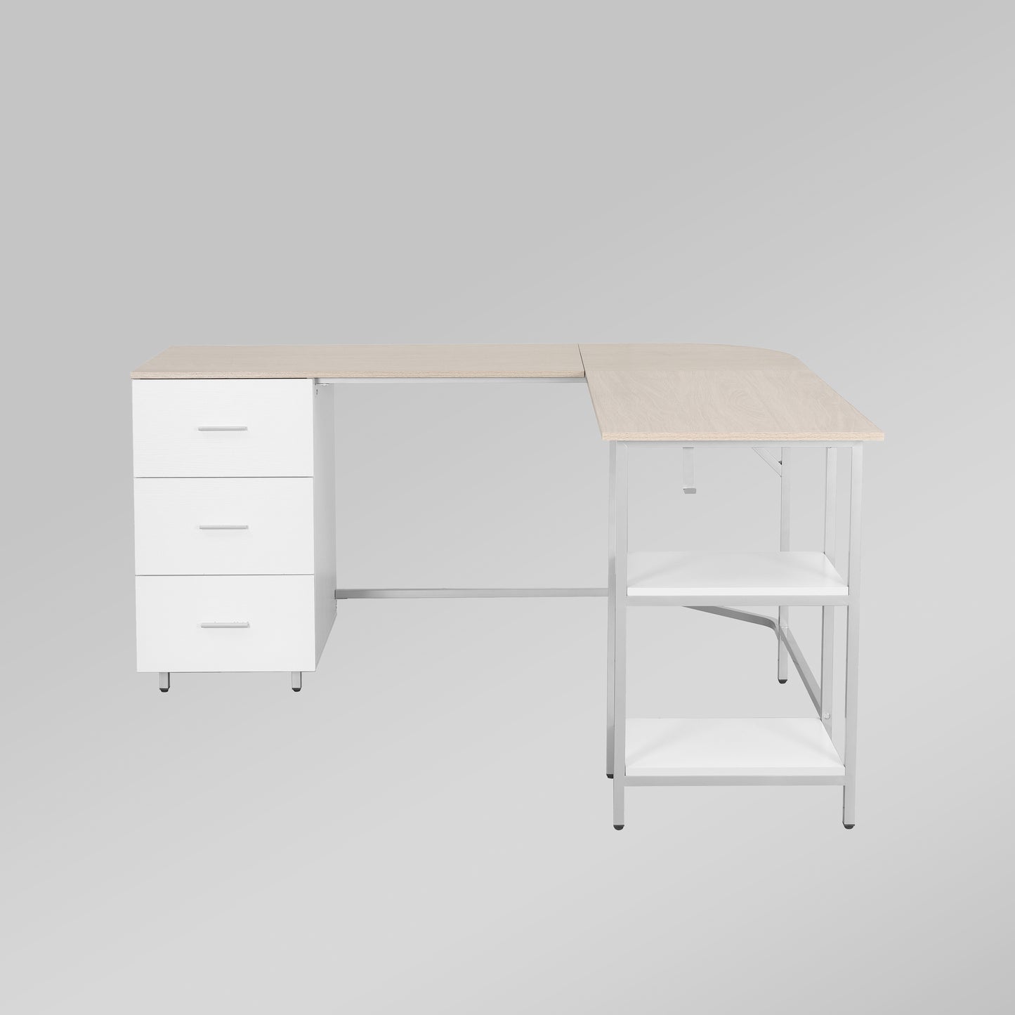 Techni Mobili L-Shape Home Office Two-Tone Desk with Storage, Sand