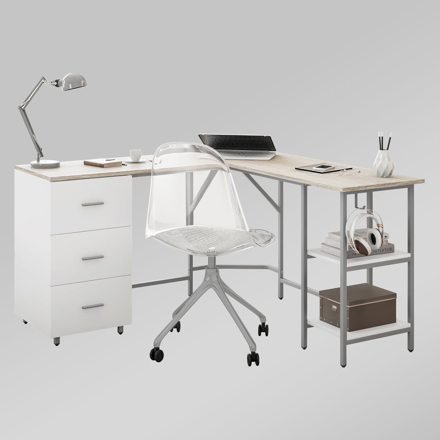 Techni Mobili L-Shape Home Office Two-Tone Desk with Storage, Sand