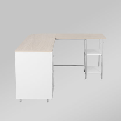 Techni Mobili L-Shape Home Office Two-Tone Desk with Storage, Sand