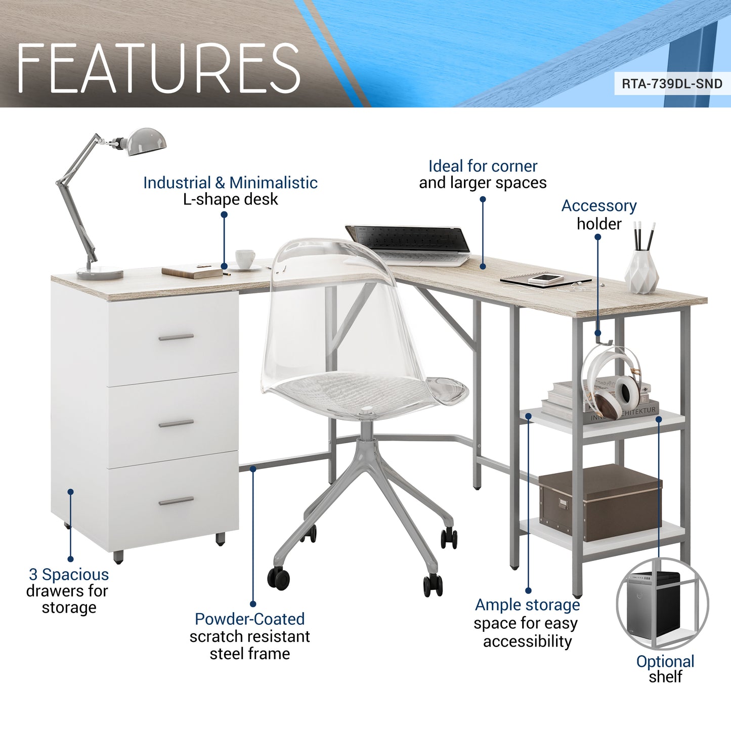 Techni Mobili L-Shape Home Office Two-Tone Desk with Storage, Sand