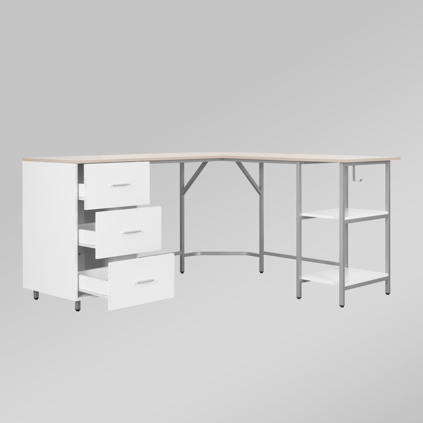Techni Mobili L-Shape Home Office Two-Tone Desk with Storage, Sand