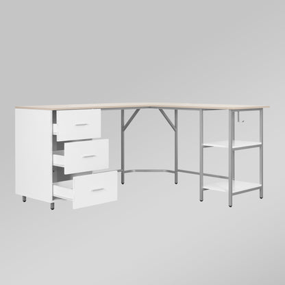 Techni Mobili L-Shape Home Office Two-Tone Desk with Storage, Sand