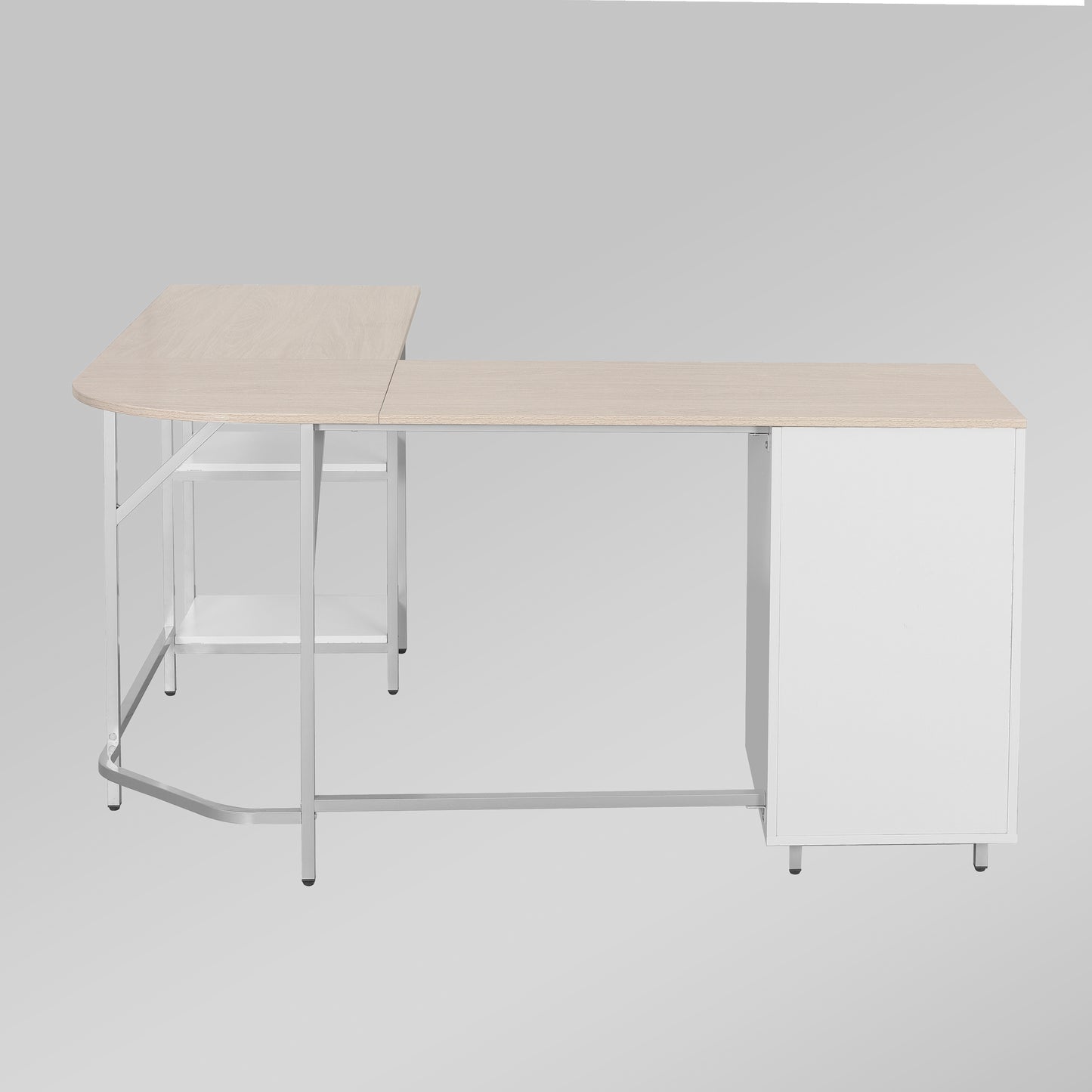 Techni Mobili L-Shape Home Office Two-Tone Desk with Storage, Sand