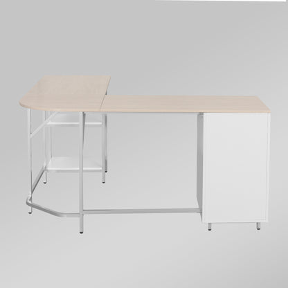 Techni Mobili L-Shape Home Office Two-Tone Desk with Storage, Sand