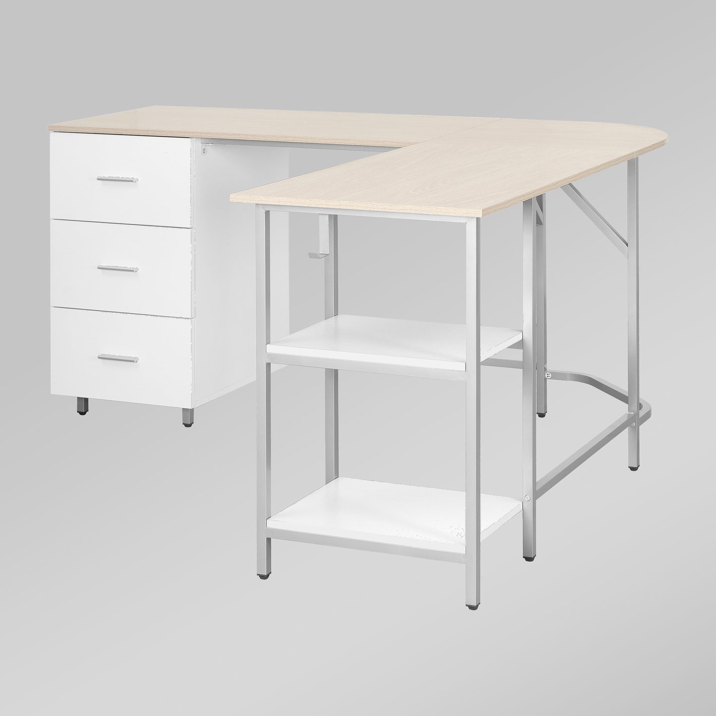 Techni Mobili L-Shape Home Office Two-Tone Desk with Storage, Sand