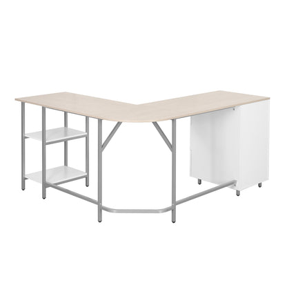 Techni Mobili L-Shape Home Office Two-Tone Desk with Storage, Sand