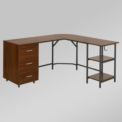 Techni Mobili L-Shape Home Office Two Tone Desk with Storage, Walnut
