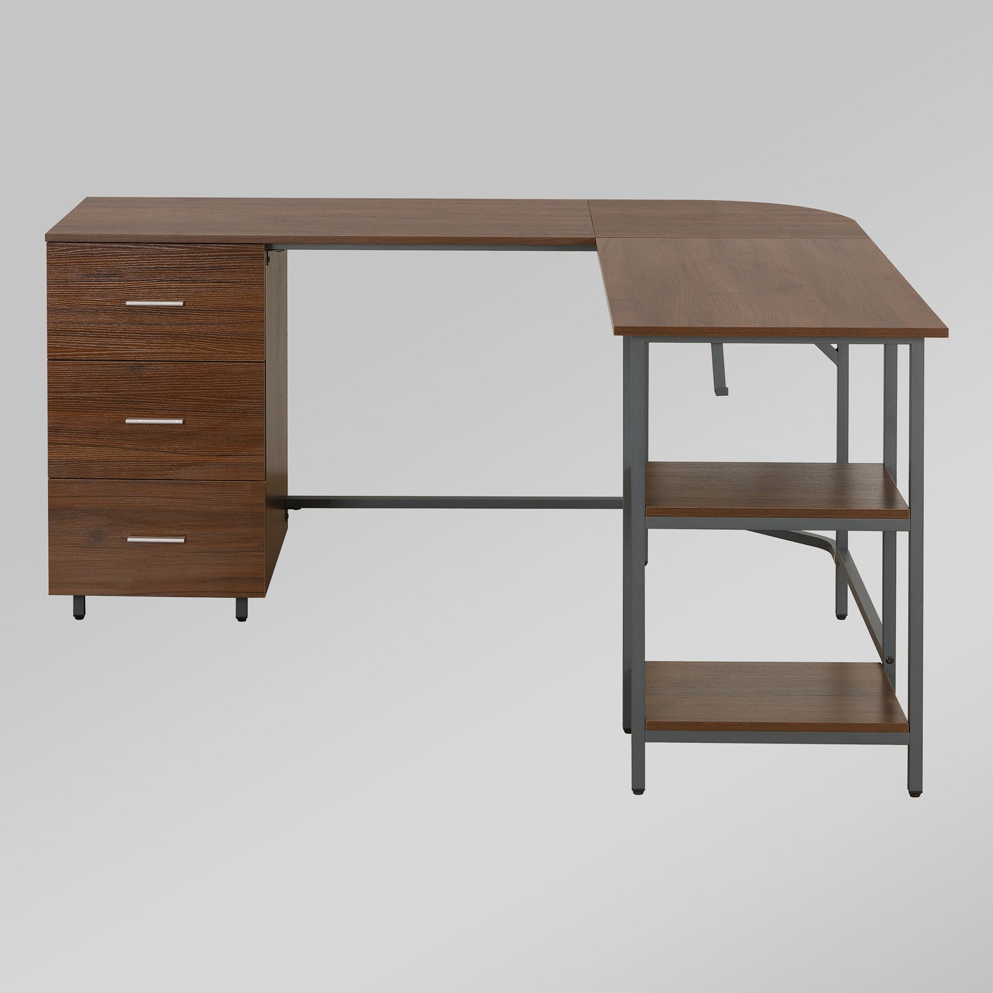Techni Mobili L-Shape Home Office Two Tone Desk with Storage, Walnut