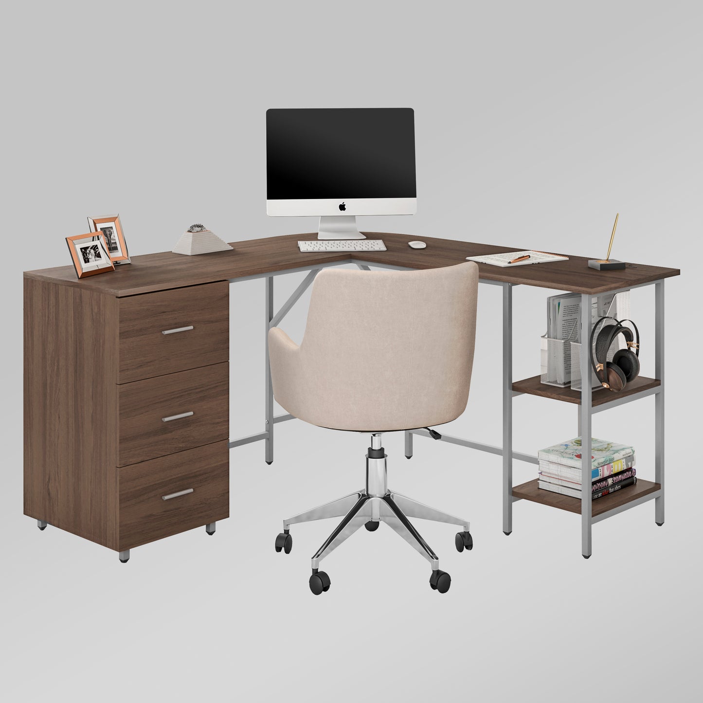 Techni Mobili L-Shape Home Office Two Tone Desk with Storage, Walnut