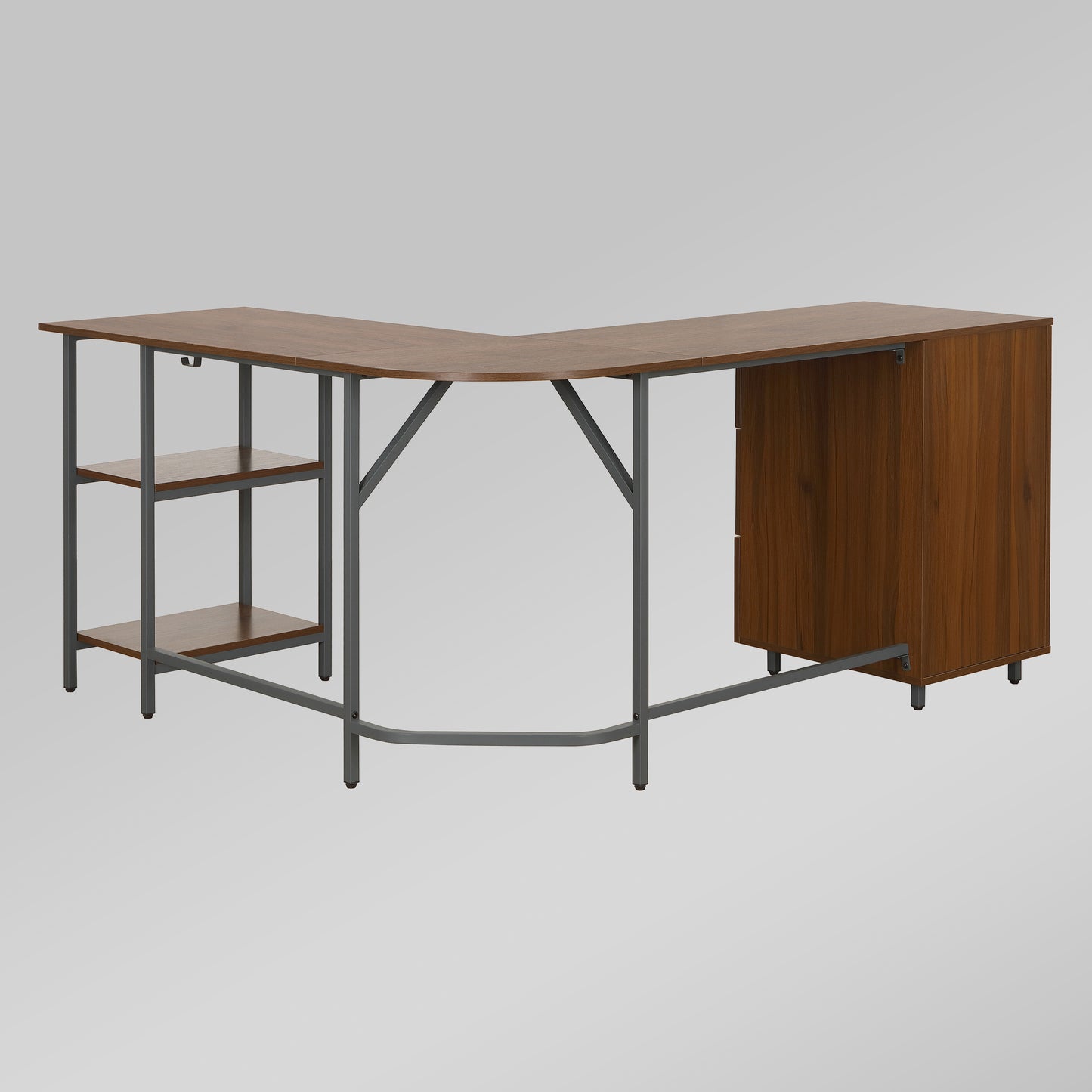 Techni Mobili L-Shape Home Office Two Tone Desk with Storage, Walnut
