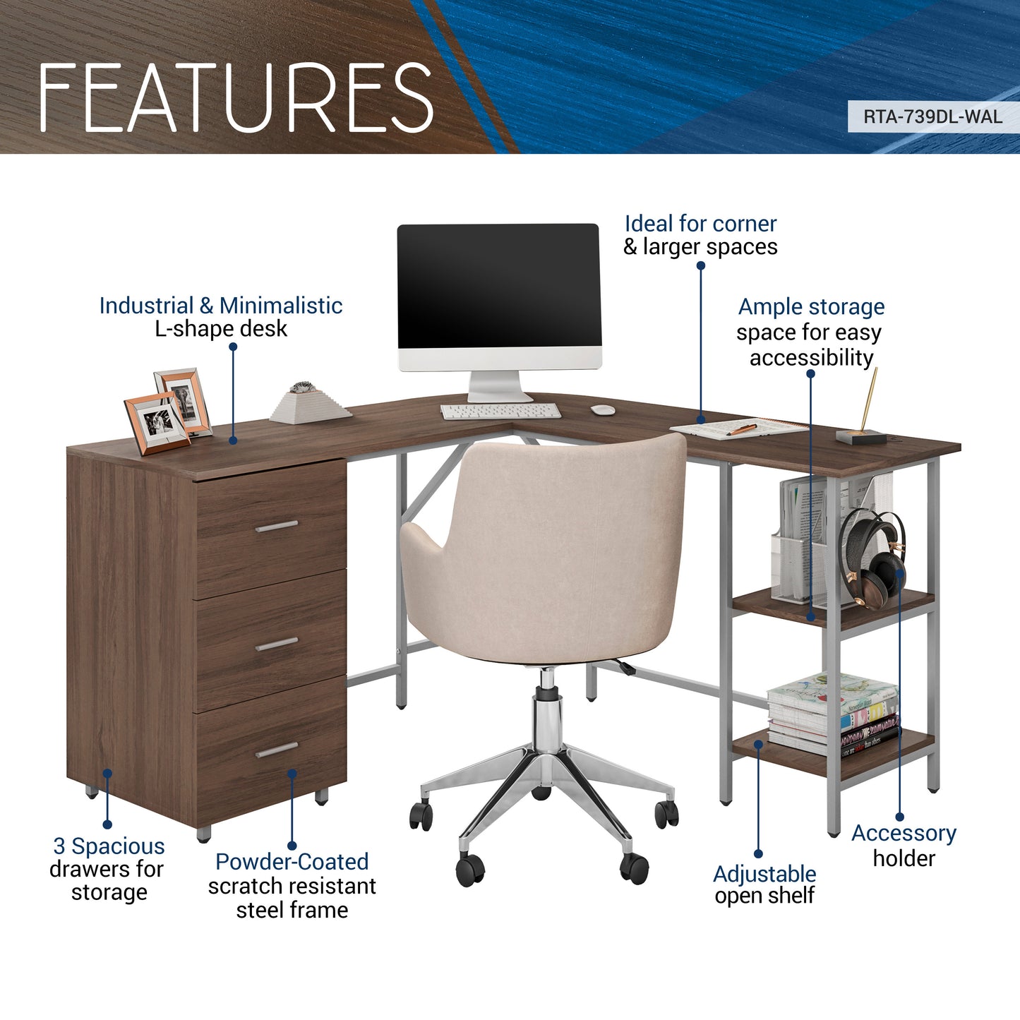 Techni Mobili L-Shape Home Office Two Tone Desk with Storage, Walnut