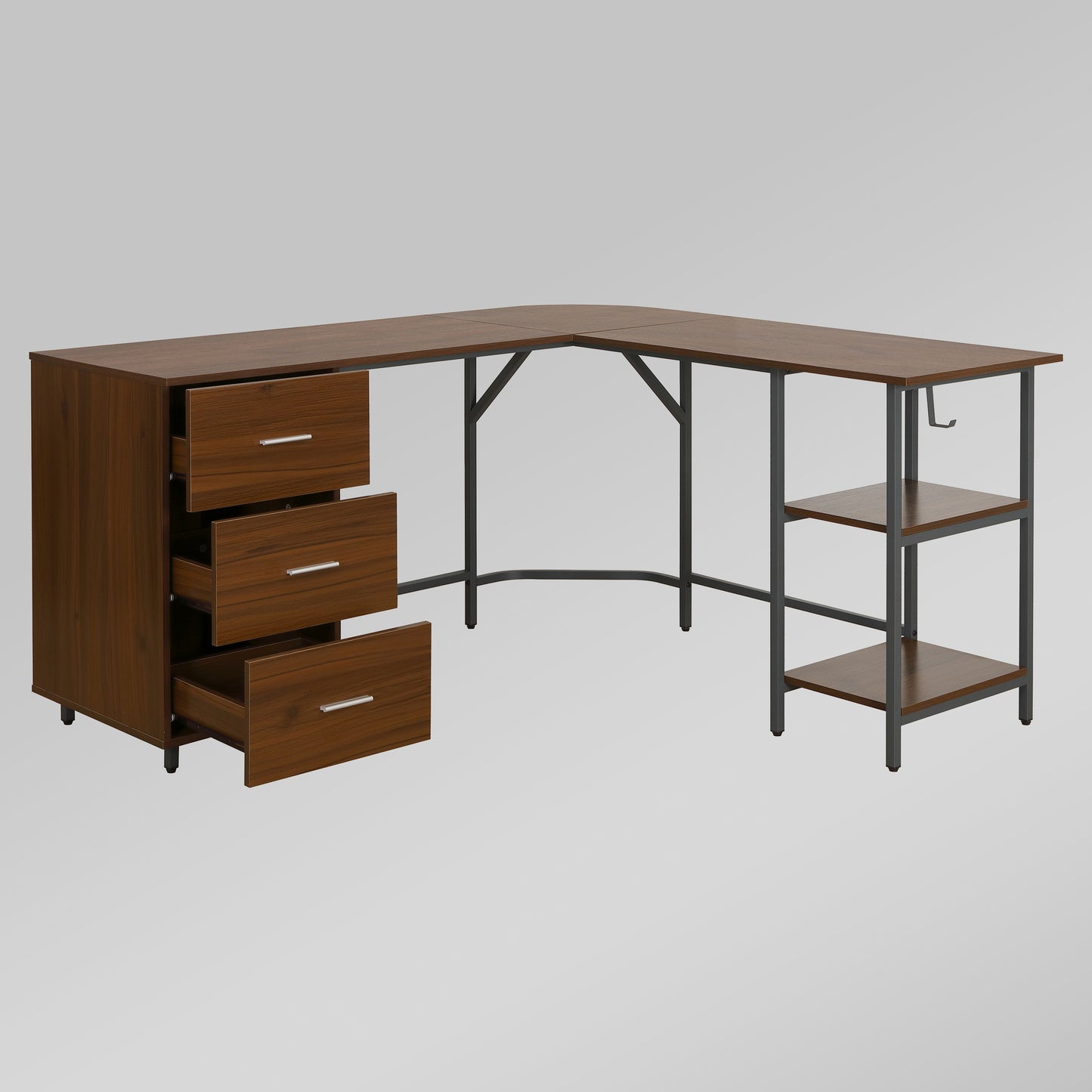 Techni Mobili L-Shape Home Office Two Tone Desk with Storage, Walnut