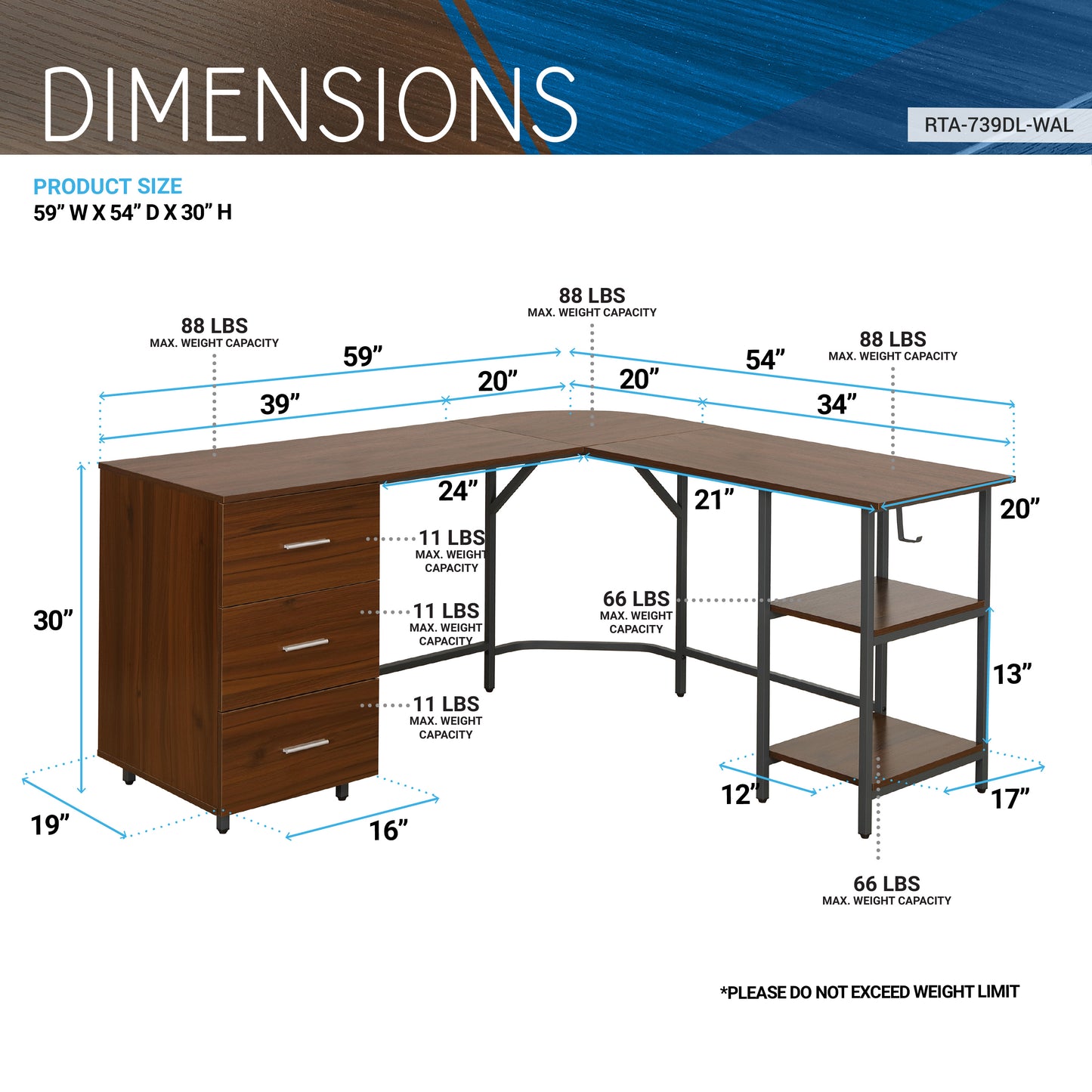 Techni Mobili L-Shape Home Office Two Tone Desk with Storage, Walnut