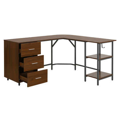 Techni Mobili L-Shape Home Office Two Tone Desk with Storage, Walnut