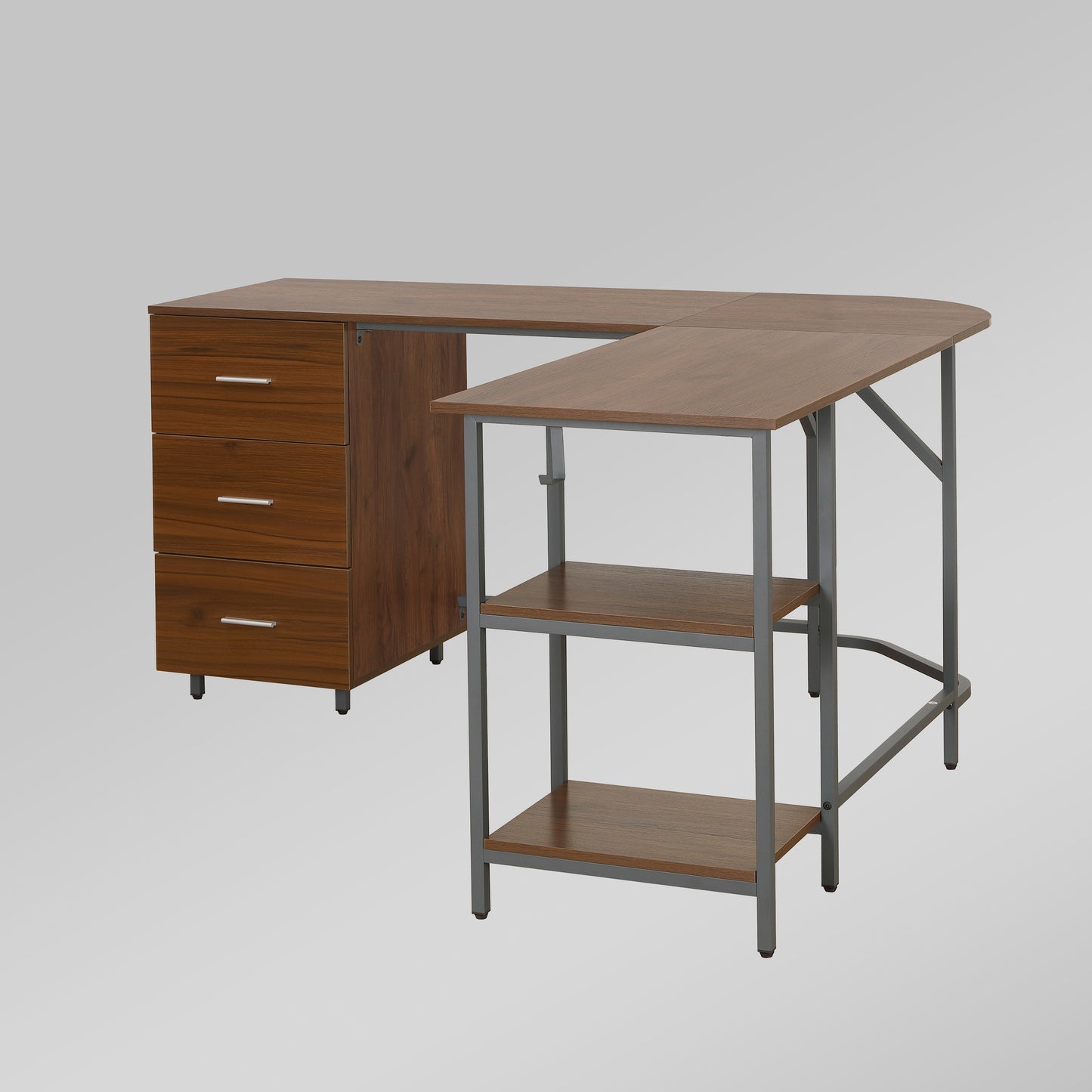 Techni Mobili L-Shape Home Office Two Tone Desk with Storage, Walnut