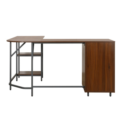Techni Mobili L-Shape Home Office Two Tone Desk with Storage, Walnut