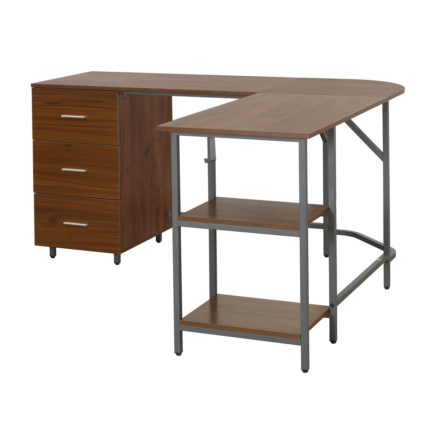 Techni Mobili L-Shape Home Office Two Tone Desk with Storage, Walnut