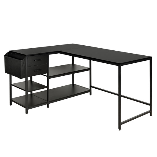 Techni Mobili Modern L-Shaped Desk with Storage. Corner Computer Desk with Shelves, Drawers & Fabric Organizer for Home or Office, Black