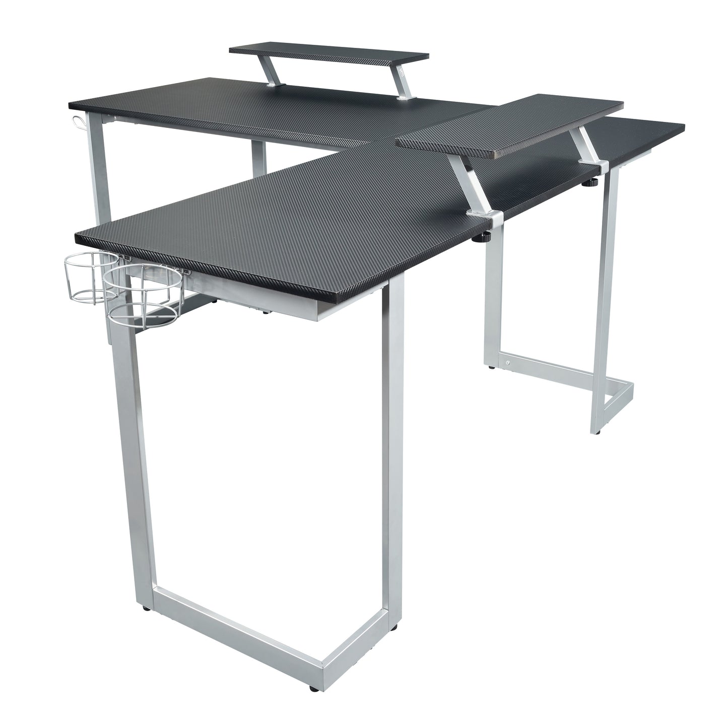 Techni Sport L-Shaped Gaming Desk with Dual Monitor Stands, Carbon Fiber Surface with Retractable Cup Holder and Headphone Hook, Black